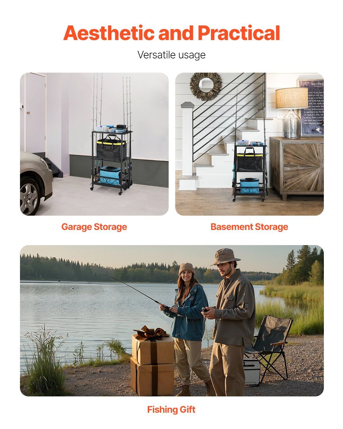 10 Pole Fishing Rod Holder Fishing Rack Cart Organizer with Wheels for Garage - E Hunt Supply