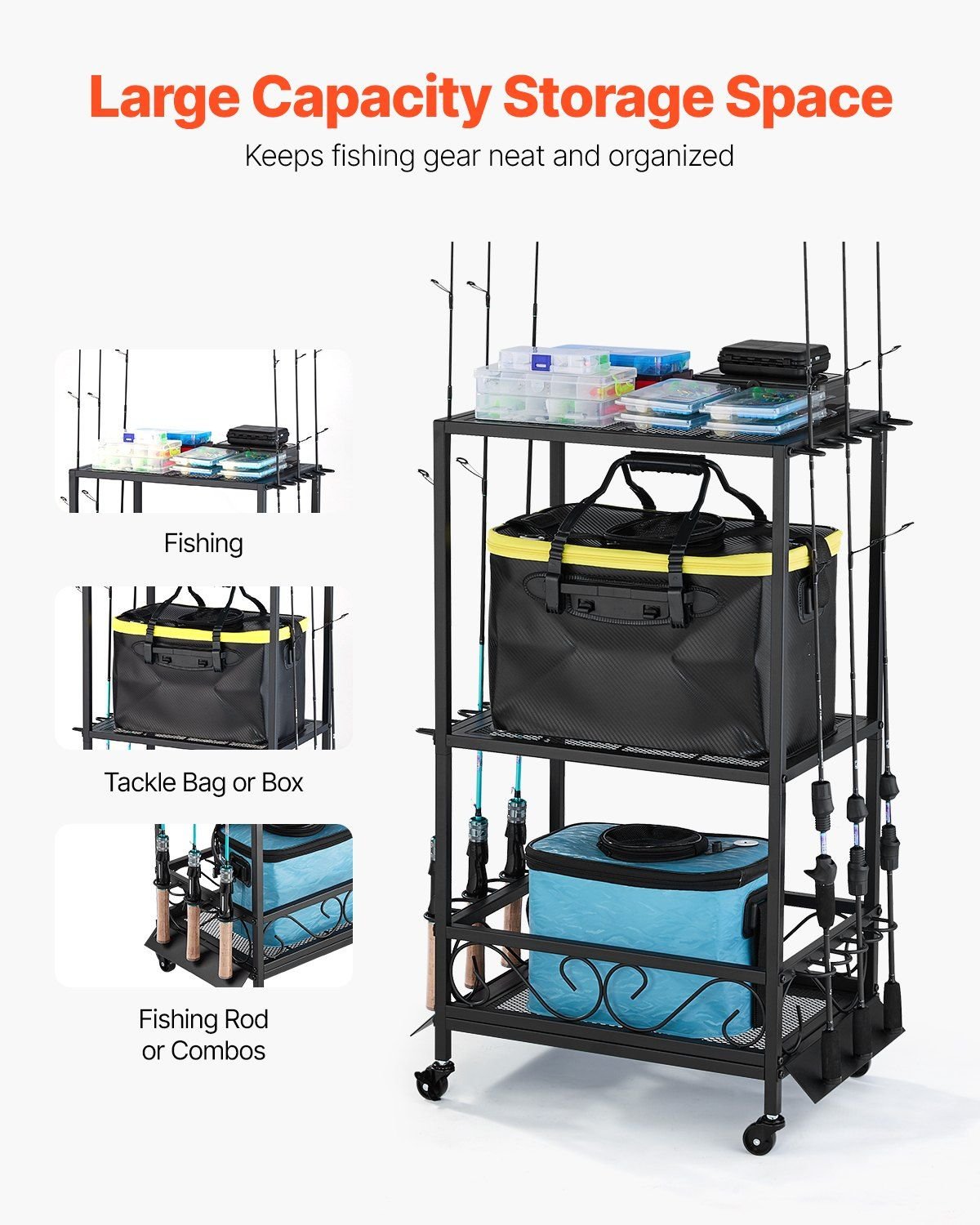 10 Pole Fishing Rod Holder Fishing Rack Cart Organizer with Wheels for Garage - E Hunt Supply