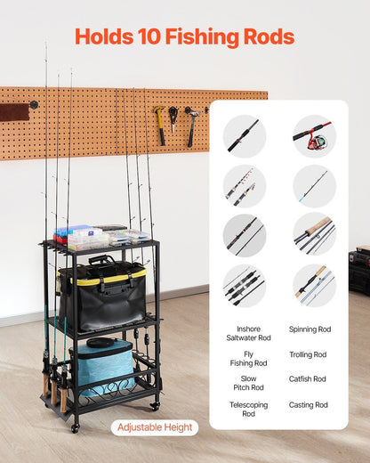 10 Pole Fishing Rod Holder Fishing Rack Cart Organizer with Wheels for Garage - E Hunt Supply