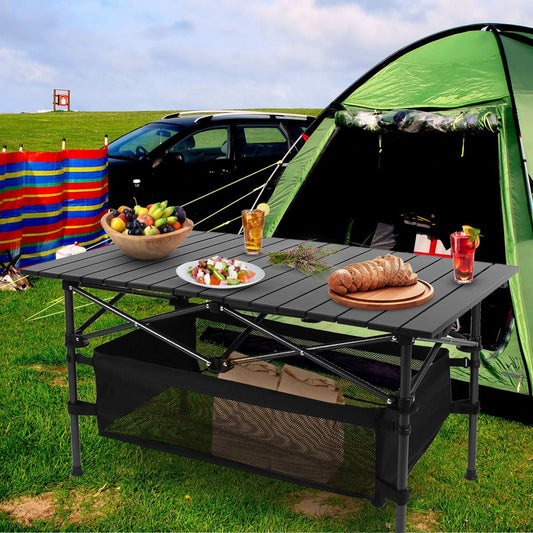 220 lb Capacity Foldable Camping Table | Aluminum Top & Steel Frame with Mesh Basket | Portable BBQ/Picnic/Beach Table Includes Carry Bag - E Hunt Supply