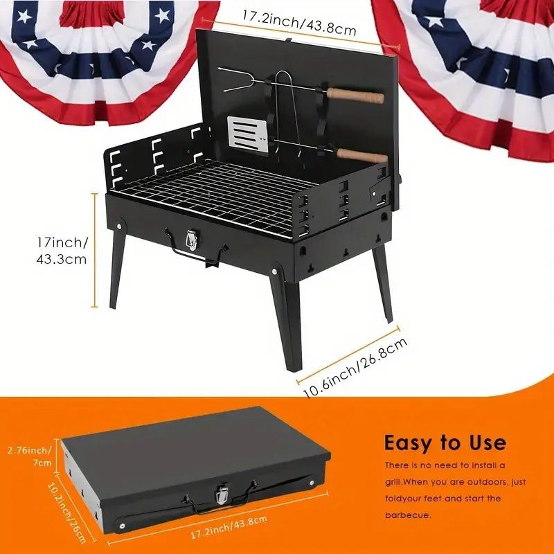 "3 - in - 1 Portable Charcoal Grill - Lightweight Toolbox Style Foldable BBQ for Camping Tailgating Hiking" - E Hunt Supply