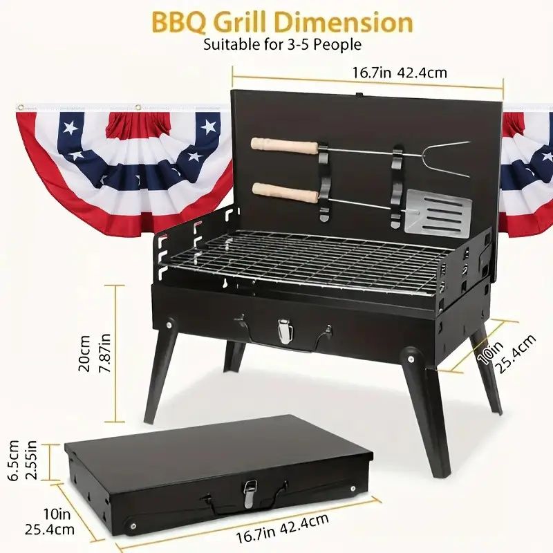 "3 - in - 1 Portable Charcoal Grill - Lightweight Toolbox Style Foldable BBQ for Camping Tailgating Hiking" - E Hunt Supply