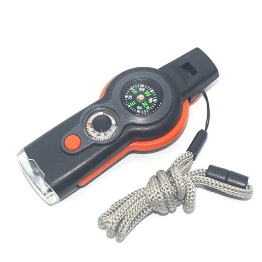 7 In 1 Military Survival Whistle; Multi - function Emergency Life Saving Tool; Outdoor Camping Fishing Hiking Hunting Accessories; Flashlight Compass - E Hunt Supply
